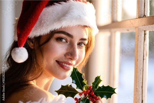A woman wearing a Santa hat smiles while holding a holly branch with red berries. 