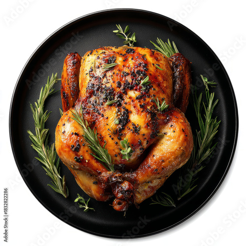 roasted chicken on a round black plate, on isolated on transparent background,