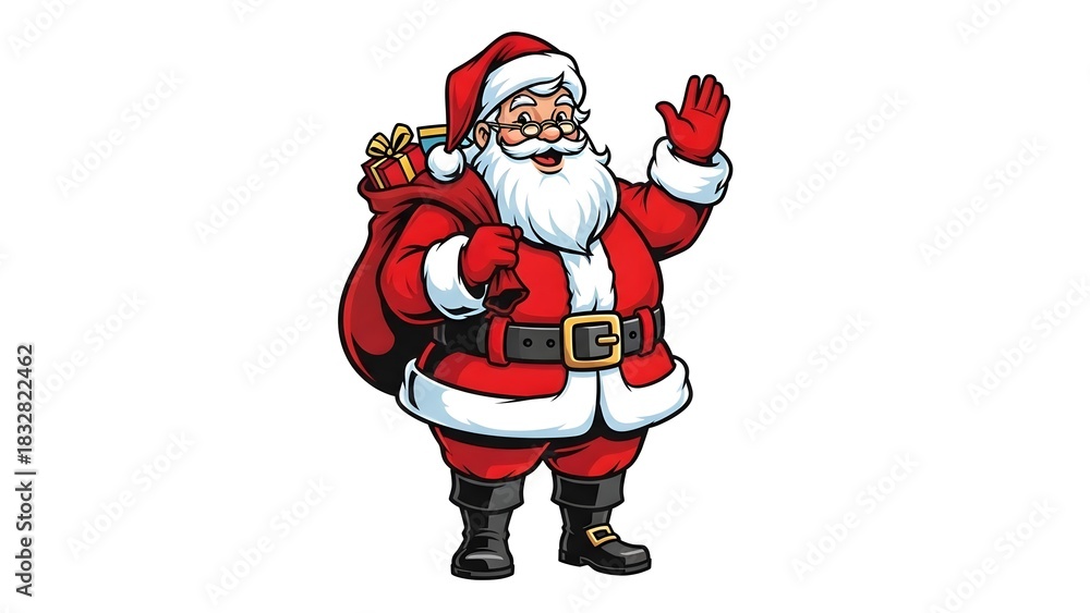 Obraz premium Cartoon santa claus waving with a bag full of gifts on a white background illustration