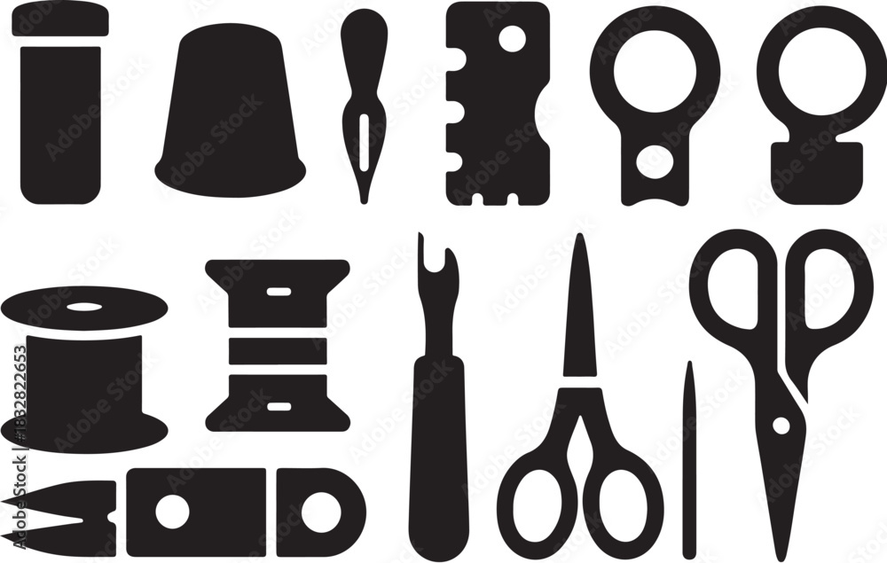 Fototapeta premium Needlework Mini Tools Geometry Silhouette Icon Set.eps