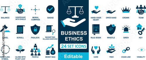 24 Corporate Responsibility Icons: Money Bag, Care, People, and Chain Link Symbols Representing Fairness, Values, and Social Trust for Infographics and Business Templates