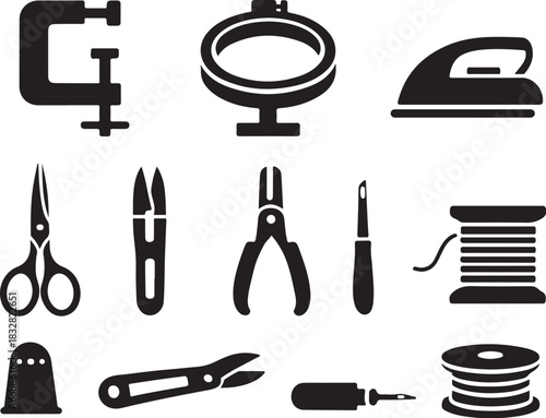 Embroidery Finishing Tools Geometry Silhouette Icon Set.eps