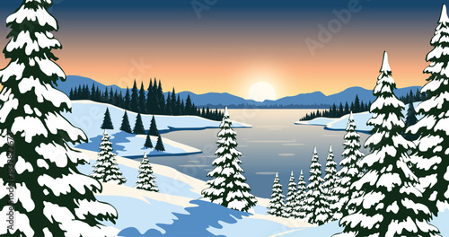 Serene winter landscape featuring snow covered trees and a peaceful lake at sunset, nature escape