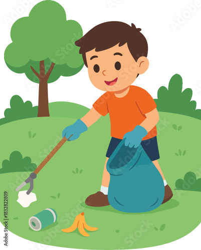 Cartoon Child Picking Up Trash in Park