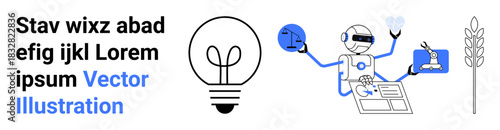 Artificial intelligence, innovation, technology, digital solutions, energy, agricultural science. Robot interacting with icons of a light bulb and crop. AI and innovation visualization