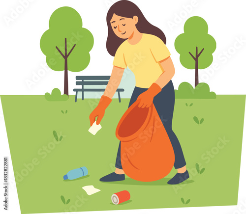Cartoon Person Cleaning Up Trash in Public Park