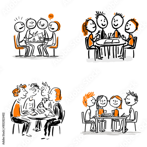 Cute doodle illustration of people sitting and discussing around a table. Concept of teamwork conversation meeting collaboration learning social interaction and shared ideas.