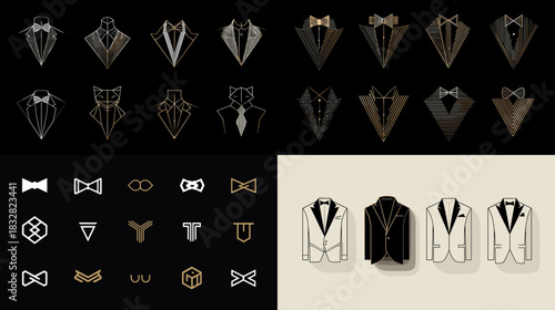 Luxury illustration set of tuxedo icons, bow ties and suit symbols. Concept of fashion elegance wedding formal wear branding premium design style and sophisticated menswear.