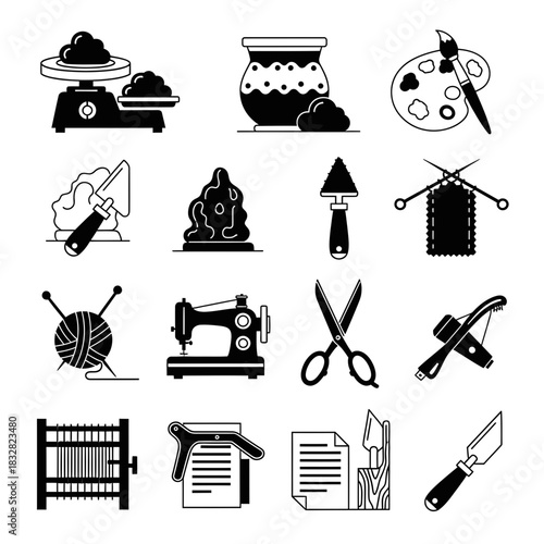 Creative hobbies and crafts line art icons including painting, knitting, sewing, sculpting, pottery, printmaking and bookbinding tools for DIY projects