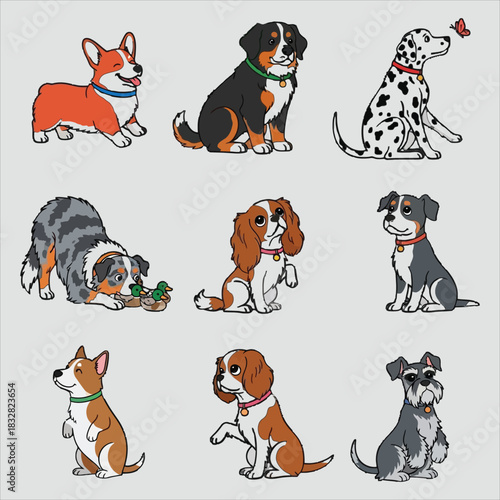 Collection of nine different dog breeds cartoon