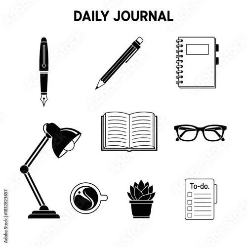 Daily journaling essentials for creative inspiration: fountain pen, notebook, coffee, succulent, reading glasses, and task list for a productive day