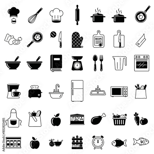 Essential kitchenware icons set in a minimalist style, perfect for culinary websites, food blogs, and restaurant menus, originally designed as a scalable graphic