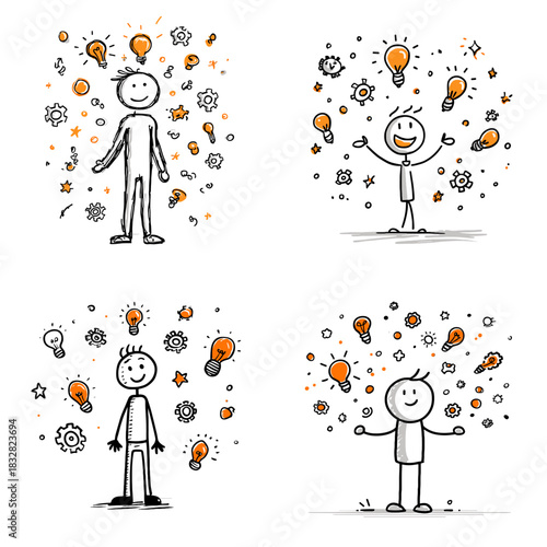 Creative doodle illustration of people surrounded by ideas. Concept of imagination inspiration brainstorming innovation problem solving motivation and creative thinking.