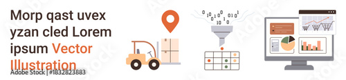 Data management, logistics solutions, e-commerce, supply chain, inventory tracking, business analytics. Forklift moving boxes, data funneling analytics display. Data management and logistics