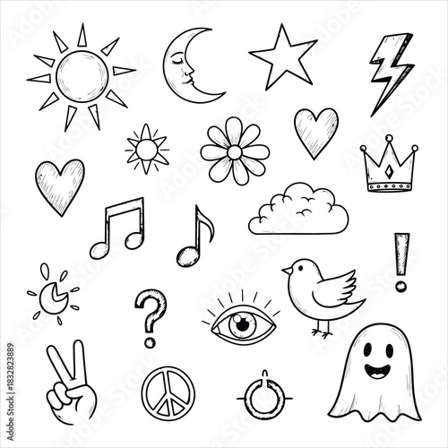 Doodle icon set of celestial and cute elements