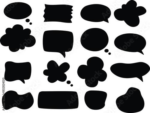 Collection of black speech bubbles in doodle and grunge style