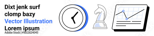 Time management, strategy, data analysis, productivity, decision-making, performance tracking. Clock, chess knight and graph chart on a digital screen. Time management and strategy