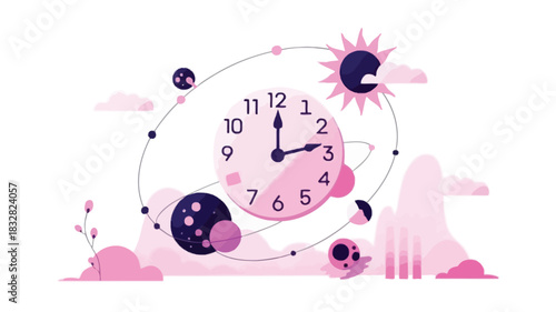 Abstract illustration of a clock face with planets and the sun in orbit representing time and space exploration with a modern minimalist aesthetic in pink and purple hues