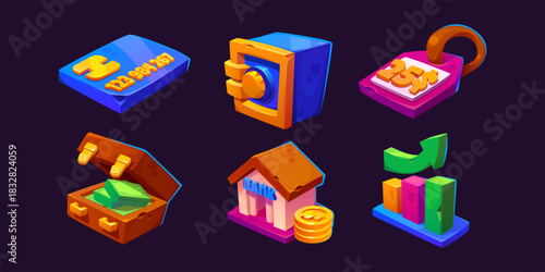 Finance icons of money, bank, safe and cash