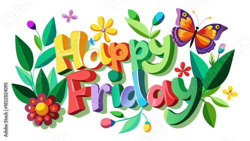 Vector illustration of words ‘HAPPY FRIDAY’ in playful lettering, adorned with vibrant colorful flowers, butterfly, and lush green leaves, creating a cheerful design