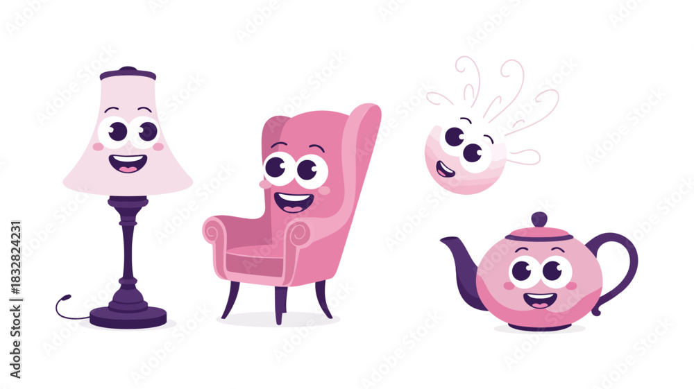 Obraz premium Cute cartoon characters of a pink armchair a pink lamp a pink teapot and a pink blob with eyes and a smile isolated on a white background