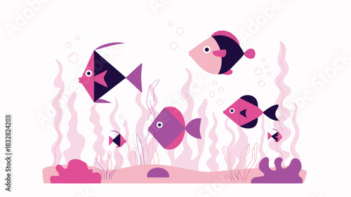 Whimsical underwater scene featuring a school of colorful stylized fish swimming amongst abstract pink and purple seaweed and bubbles against a clean white background