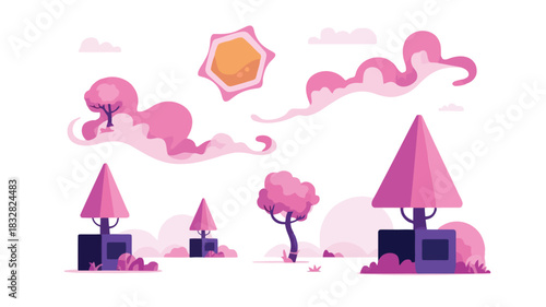 Whimsical abstract landscape with pink trees stylized clouds and a unique sun illustration on a white background evoking a playful and dreamy atmosphere