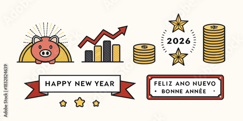 New Year's Financial and Celebration Icons piggy bank 2026