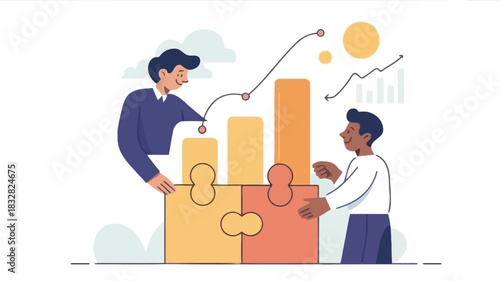 Two diverse business people collaborate to complete a puzzle representing growth and success with a rising bar chart and upward trending graph in the background