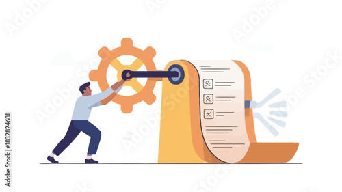 Man turning a gear to advance a checklist machine symbolizing task completion and workflow management