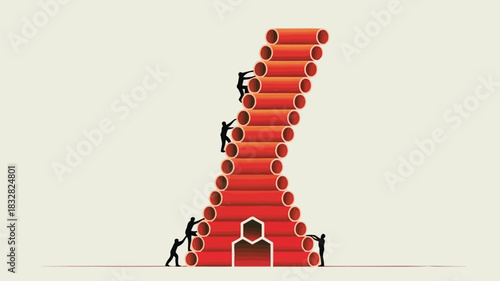 Silhouetted figures climb a vibrant red staircase made of cylindrical tubes symbolizing ambition progress and the challenging journey towards success and personal growth