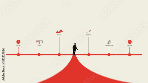 A silhouette of a businessman stands on a red path leading towards a timeline with various icons representing different stages of progress and development