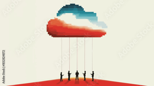 Pixelated digital cloud connected by thin lines to silhouettes of people holding tablets on a red surface symbolizing cloud computing and data access