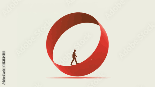 A lone silhouette of a person walks along the surface of a large abstract red loop symbolizing a journey or cycle