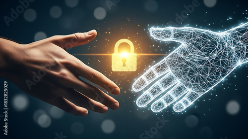 Secure digital connection: human and artificial intelligence hands interact