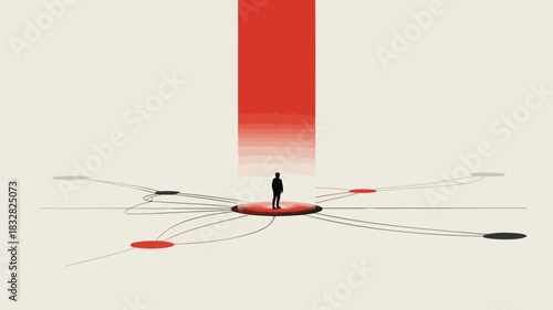 Silhouette of a person standing at the center of a network of connections illuminated by a red light beam from above symbolizing decision making and pathways