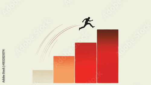Silhouette of a person jumping from one bar graph to a higher one symbolizing growth progress and achieving success
