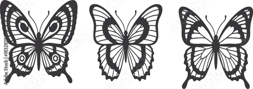 Intricate black and white vector outline set of three different butterfly designs, perfect for nature, spring, decoration, and tattoo art