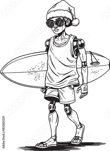 Robot Surfer with Holiday Spirit: A stylized illustration of a robot surfer, complete with a Santa hat and shades, carries his board towards the shore, embracing the holiday season. 