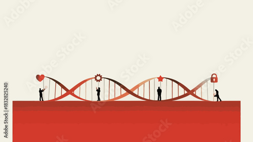 Silhouettes of people interact with symbols of love science achievement and security along a stylized dna helix representing genetic destiny and human influence