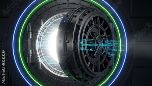 Open bank vault door revealing glowing digital data and security rings
