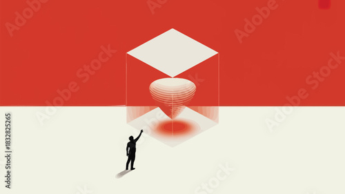 Silhouette of a person reaching up towards a glowing abstract geometric object inside a transparent cube against a stark red and cream background symbolizing discovery and innovation