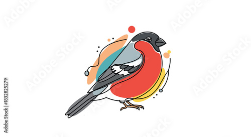 A modern and artistic line art illustration of a bullfinch bird with abstract colorful shapes and scribbles in the background.