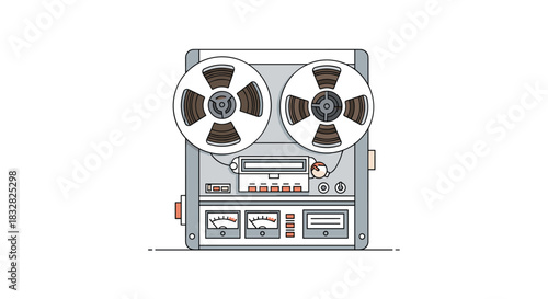 A detailed flat design illustration of a vintage reel-to-reel tape recorder with meters buttons and spinning reels.