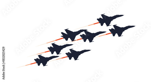 A dynamic vector illustration of a squadron of fighter jets flying in a precise V-formation during an impressive airshow display.
