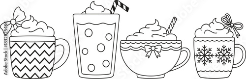 Black and white outline vector set of cozy holiday drinks with whipped cream, including Christmas coffee mugs and festive hot chocolate