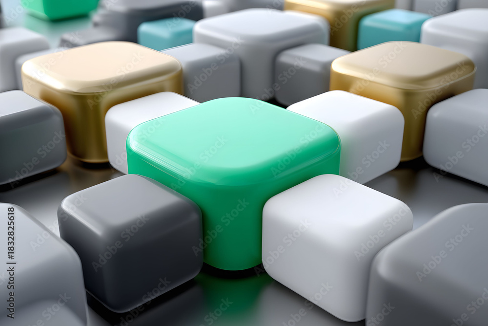 Fototapeta premium Abstract 3D Geometric Blocks in Gold, Green, White, and Gray for Modern Design Elements