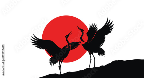 A graceful silhouette of two Japanese cranes performing a mating dance on a hill against a large red sun in a traditional style.