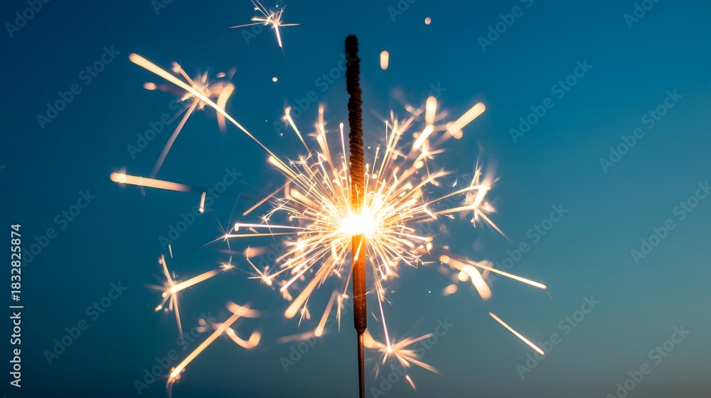 Obraz premium Sparkling celebration a single sparkler against a deep blue sky background