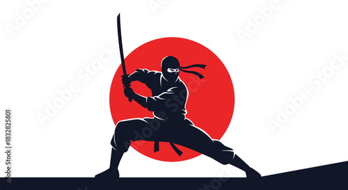 A powerful silhouette of a Japanese ninja warrior in a dynamic combat stance with a katana against a rising red sun background.